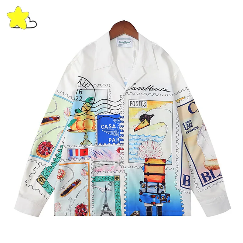 

Casual Fashion Men Women Couple White Shirts Top Streetwear Stamps Full Printing V-Neck CASABLANCA Long-Sleeved Shirts