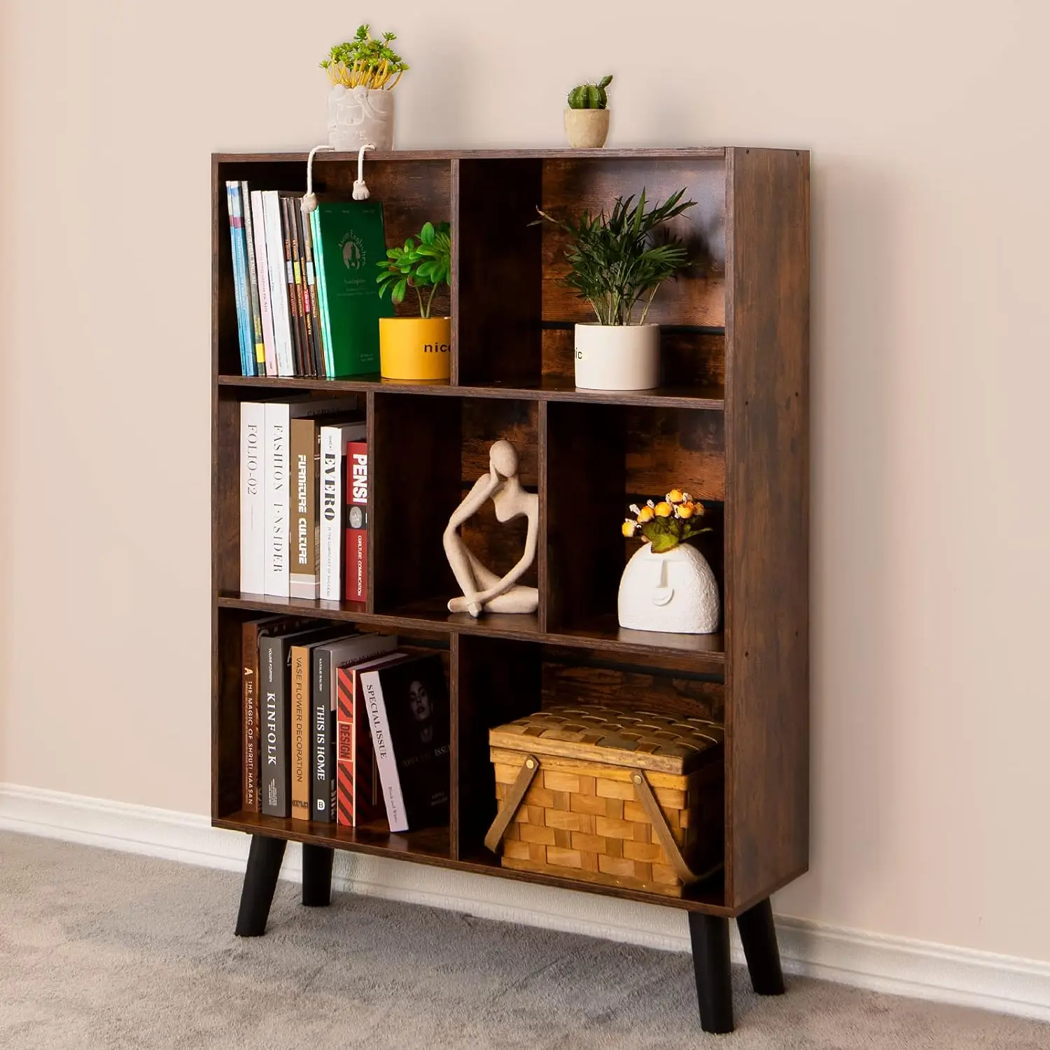 

LEYAOYAO Cube Bookshelf 3 Tier Mid-Century Rustic Brown Modern Bookcase with Legs,Retro Wood Bookshelves Storage Organizer