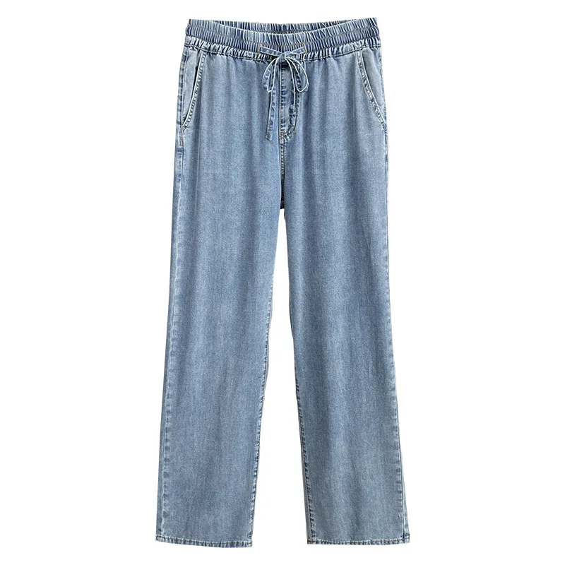 Summer 100KG Plus Size Thin Wide Leg Jeans Casual Premium Drawstring Elastic Waist Lyocell Denim Straight Pants For Women 9365