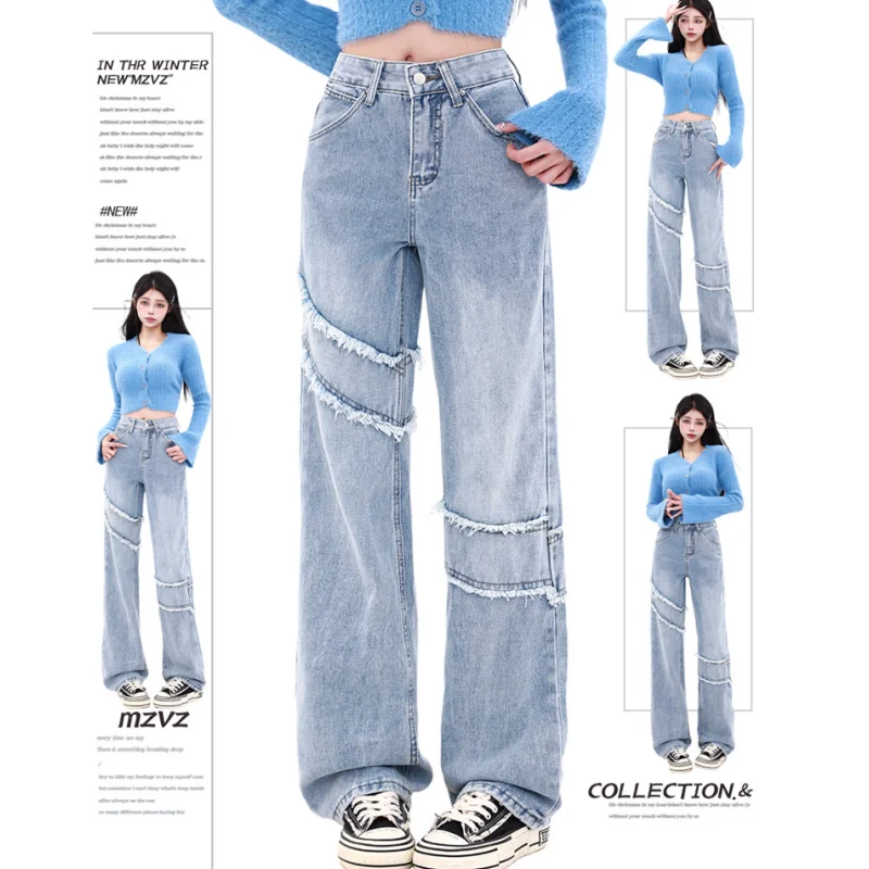 

Blue Womens Jeans High Waist Straight Baggy Denim Pants Europe and America Korean Fashion Y2K Female Wide Leg Denim Trouser