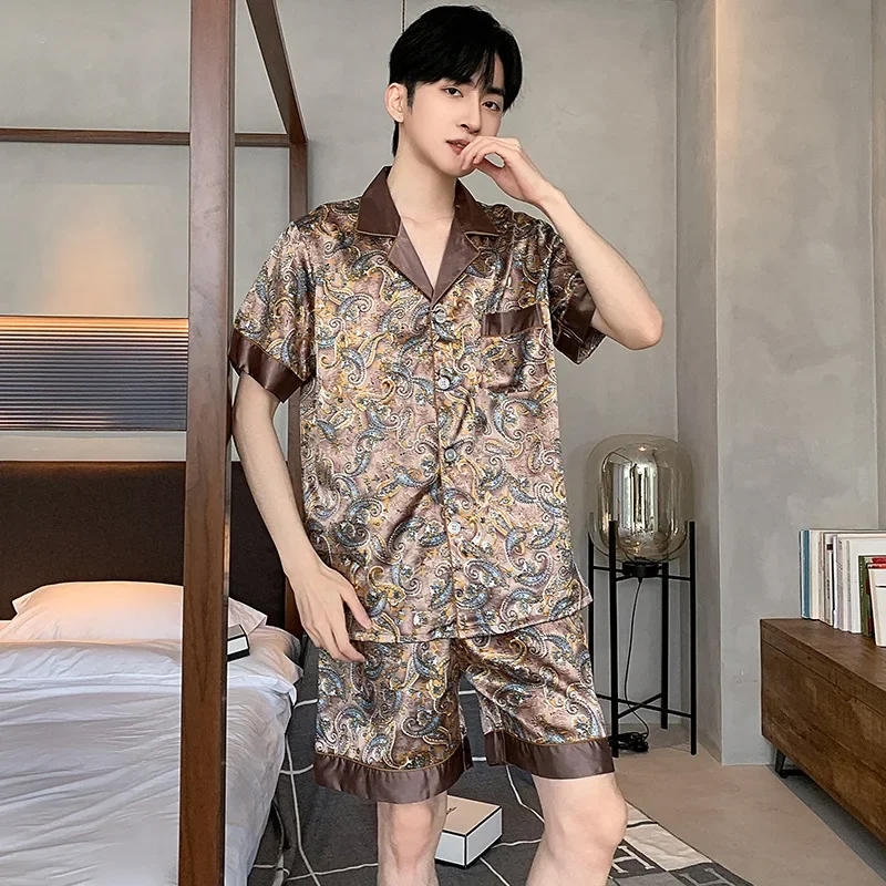 Mens Stain Silk Pajama Sets Long Sleeve Short Sleeve Shorts Men Pijama Printed Pajamas Men Sleepwear Thin Silk Pajama For