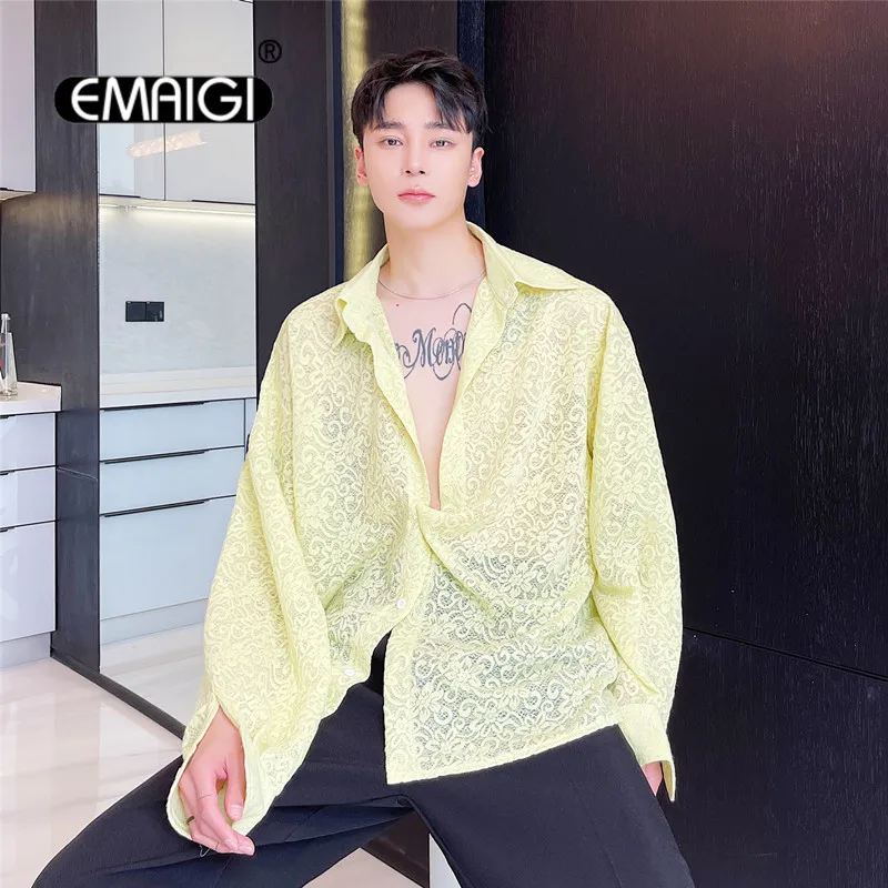 

Men's Jacquard Lace Long Sleeve Loose Casual Shirt Male Streetwear Translucent Thin Top Dress Shirt Male Korean Style Clothing
