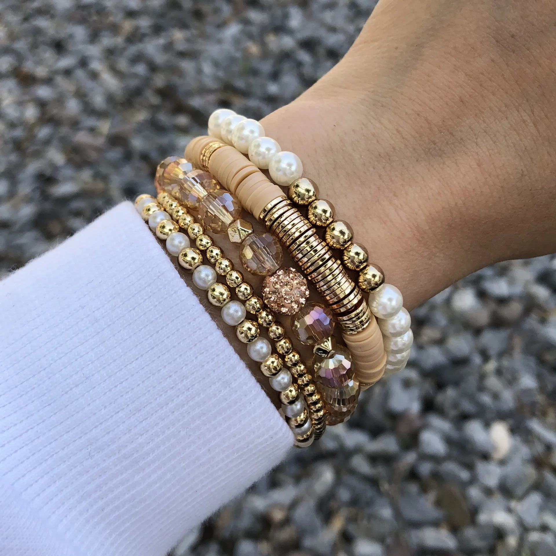 

Crystals Ball Polymer Clay Beaded Stacked Elastic Bracelets for Fashion