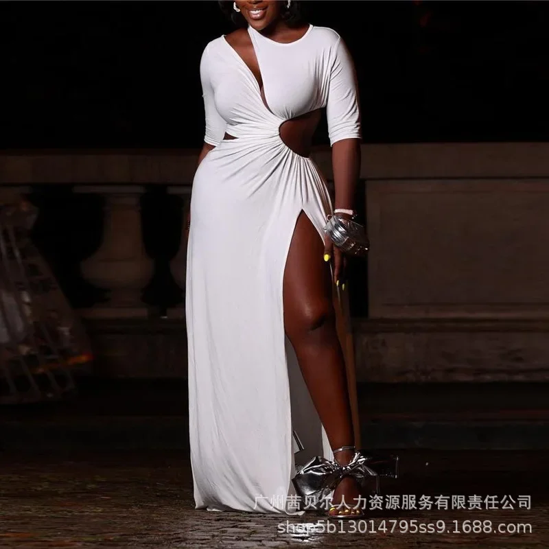 

2023 Spring/Summer New Summer New Short Sleeve Irregular Shoulder Split Dress for Women