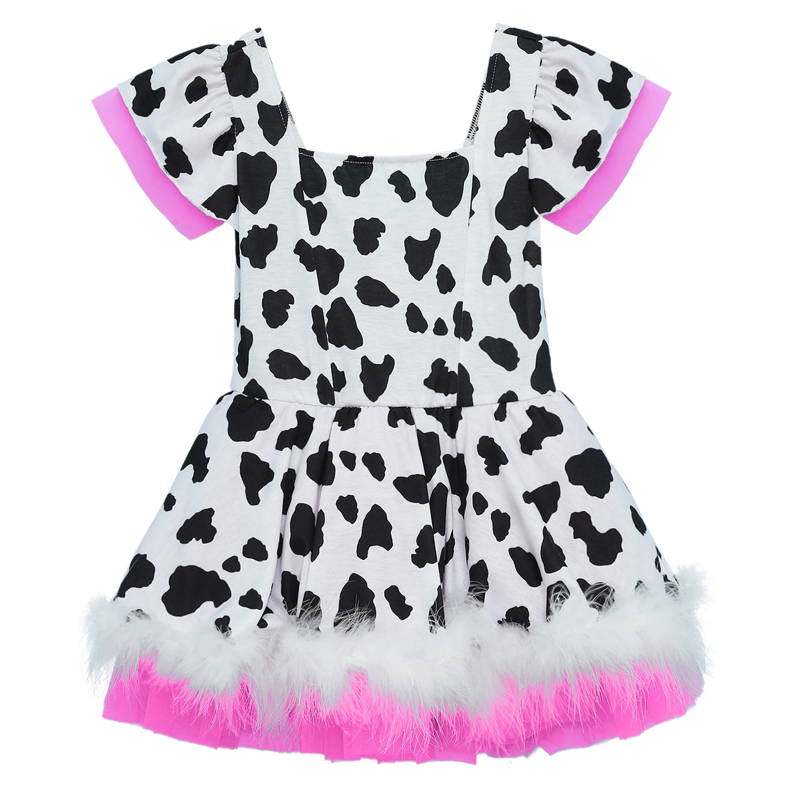 Kids Girls Halloween Western Cowgirl Cosplay Costume Square Neck Short Sleeve Cow Prints Dress Rodeo Party Carnival Dress Up