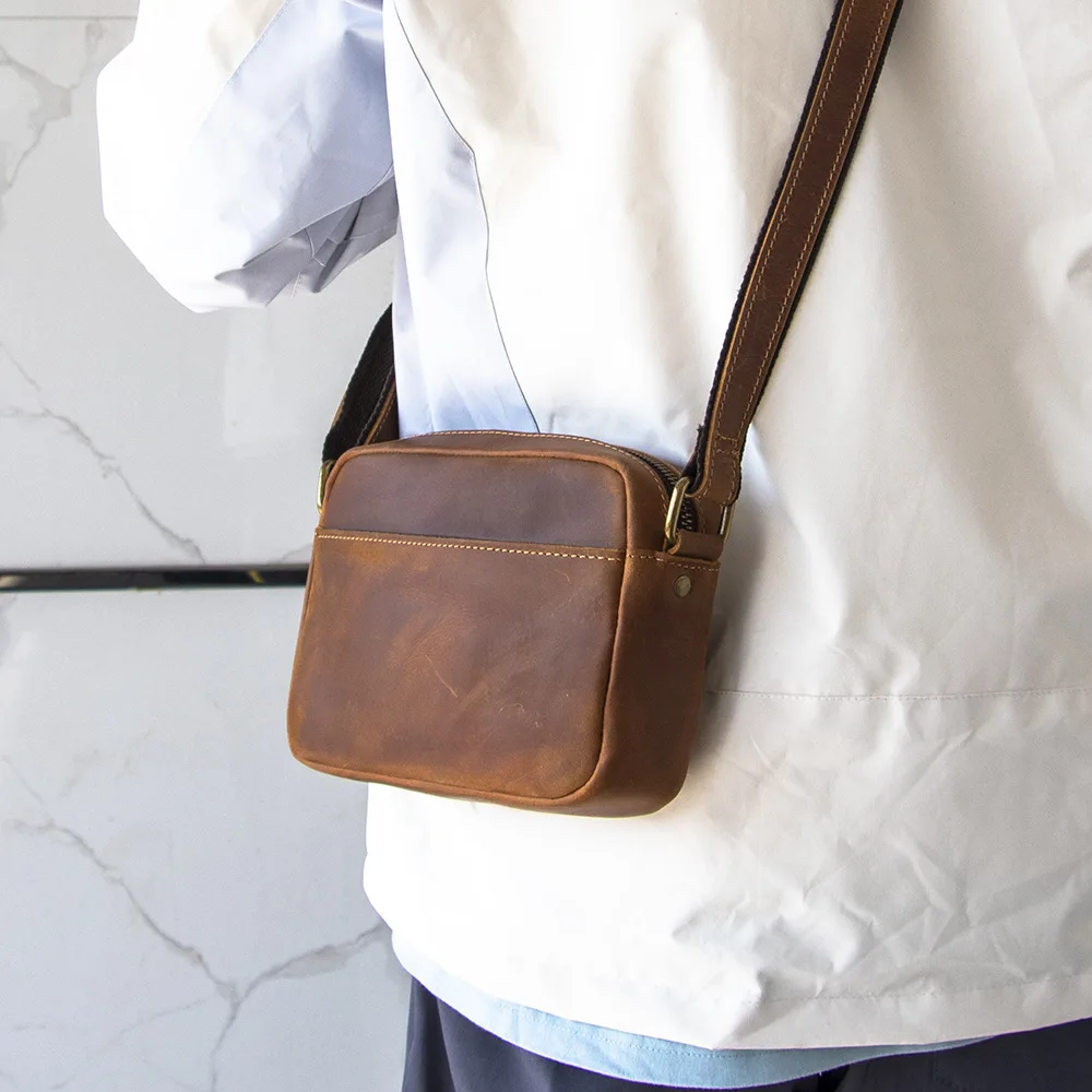 Genuine Leather Mini Messenger Bag Travel Crossbody Bag for Men Cell Phone Purse Trave Satchel Shoulder Bags