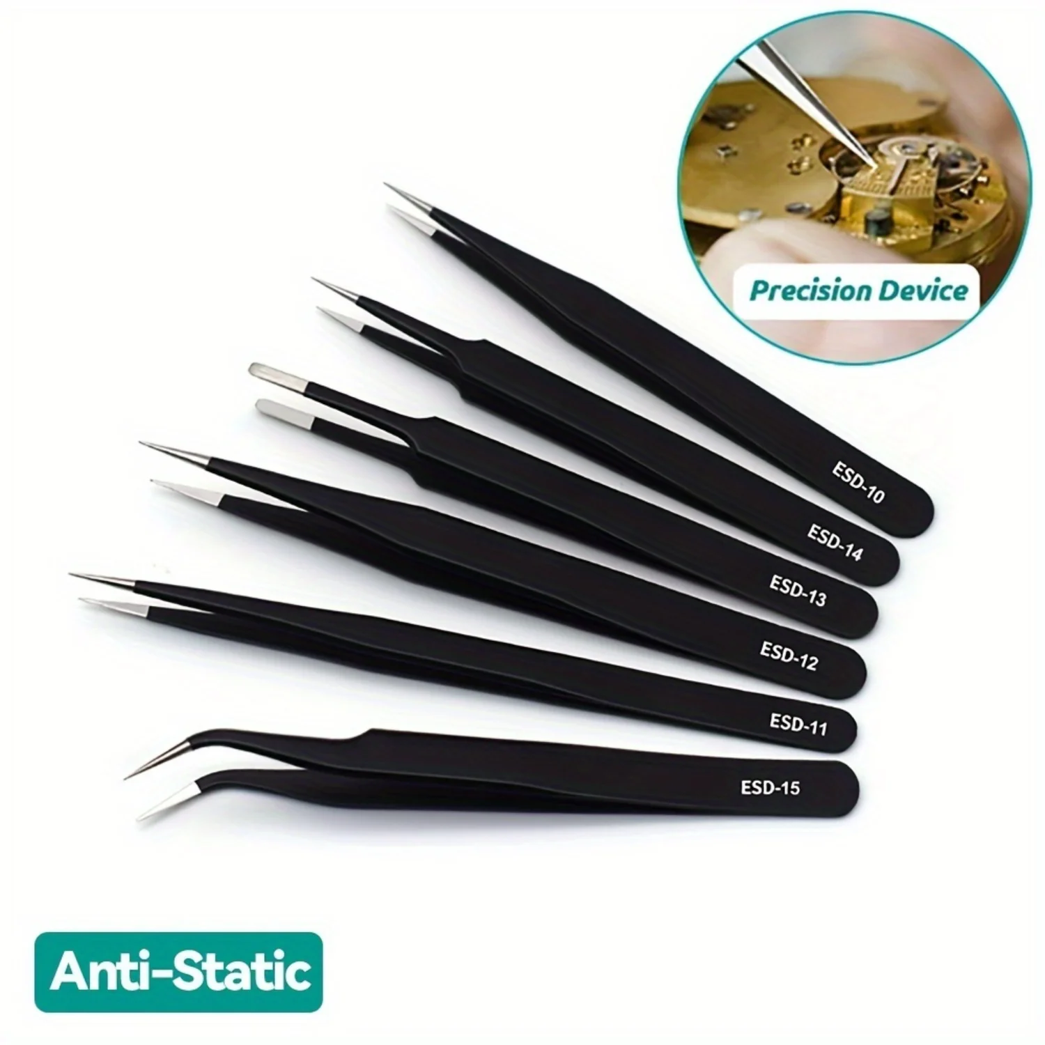 6pcs ESD Anti-Static Stainless Steel Tweezers - Precision Maintenance & Industrial Repair Tools for Working & Model Making. 4