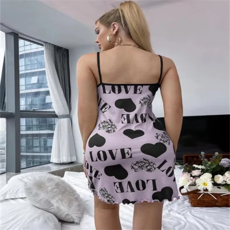 New Yellow Love Heart Nightgown Women's Mini Sleep Dress Spaghetti Strap Cami Sleepwear Casual Summer Gift TrendyPrintLoungewear
