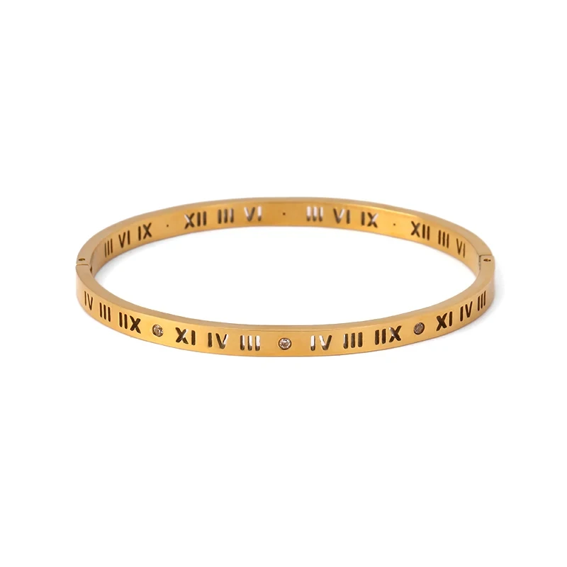 

Real 18K Gold Plating 316L Stainless Steel Bangle Crystal Roman Numerals Bracelet for Women Simple Temperament Jewelry