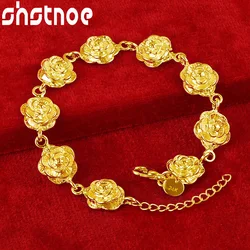 SHSTONE 24K Gold Lotus Flower Link Bracelets For Woman Party Wedding Engagement Christmas Birthday Fashion Jewelry Lady Gift