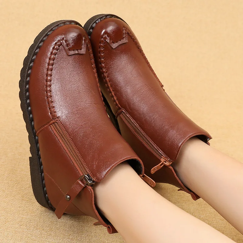 2023 Fashion Winter Boots Women Leather Ankle Warm Boots women's casual ankle boots mother flat warm non-slip cotton shoes