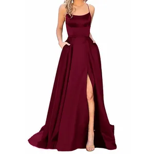 Ladies Prom Dresses Long Elegant Backless Long Dresse Women Scrisn Satin Spaghetti Party Prom Side Slit Wedding Evening Dress