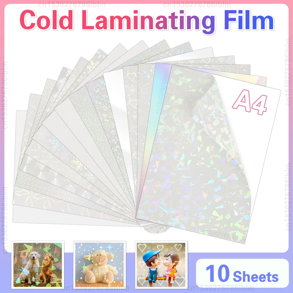 Lamination Film 10 Sheets Cold Laminating Film Broken Glass Hologram Stars Dots A4 Self-Adhesive Paper film DIY Colorful Photo Laminating Film