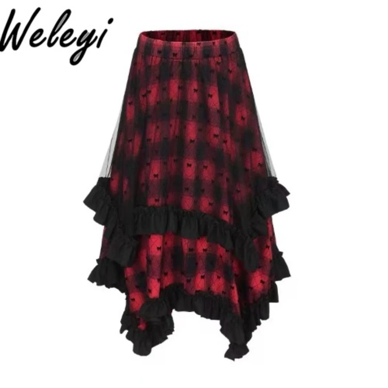 

Japanese Jirai Kei Goth Half Skirt Women's 2024 Winter Unique Irregular Slim Fit Spliced Mesh A-line Red Plaid Mid Length Skirts