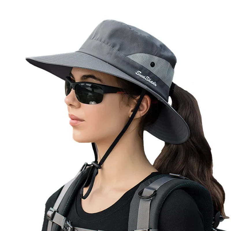 Women's Fishing Beach Fisherman Hat Wide Brim Sun Hat Travel Bucket Mesh Ponytail Hole Summer Outdoor