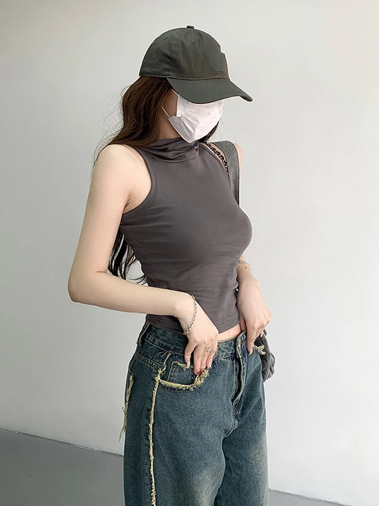 Summer New Tank Top Hooded Vest Women's Tops Streetwear Design Slim Fit Sleeveless Crop Top Solid Color Girls Clothing