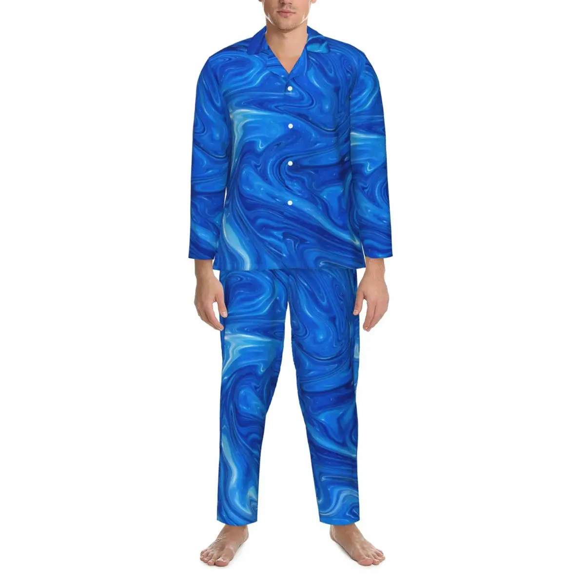 

Pajamas Man Abstract Lines Print Room Nightwear Blue Marble 2 Piece Retro Pajama Sets Long-Sleeve Warm Oversize Home Suit