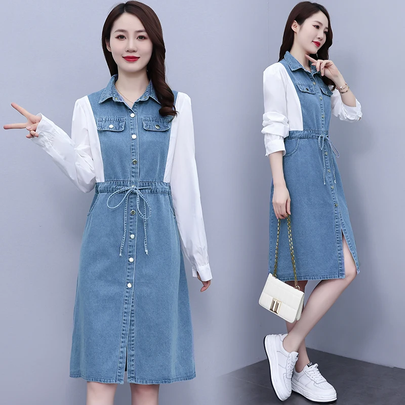 

Korean Fashion Lace Up Lady Denim Jeans Dress Lapel Patchwork Shirt Dresses Chic Single Breasted A-line Elegant Jean Dresses
