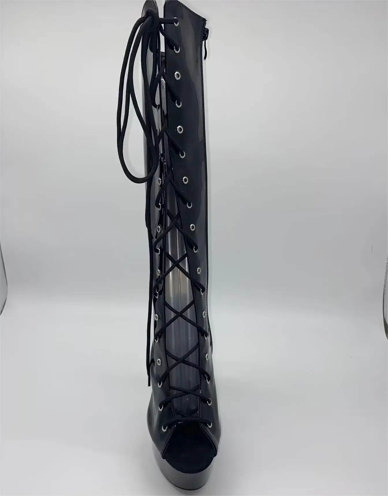 Stylish 15CM women's boots, sexy dance shoes, front strap breathable leather, knee-high heels open-toe dance shoes