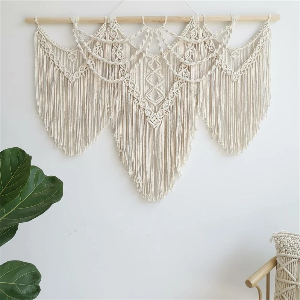 Large Macrame Wall Hanging Tapestry Wooden Stick Hand-Woven Bohemia Tassel Curtain Wedding Background Decor
