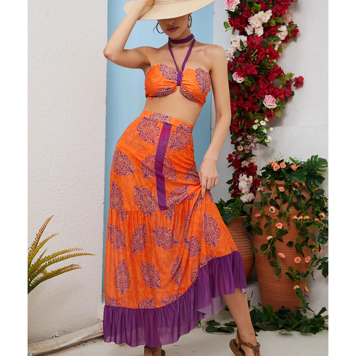 

Tube Top Sling High Waist Swimwear Beach Skirt Split Bikini Three-piece Swimsuit for Women Deep-V Bathing Suits Beach Wear Swim