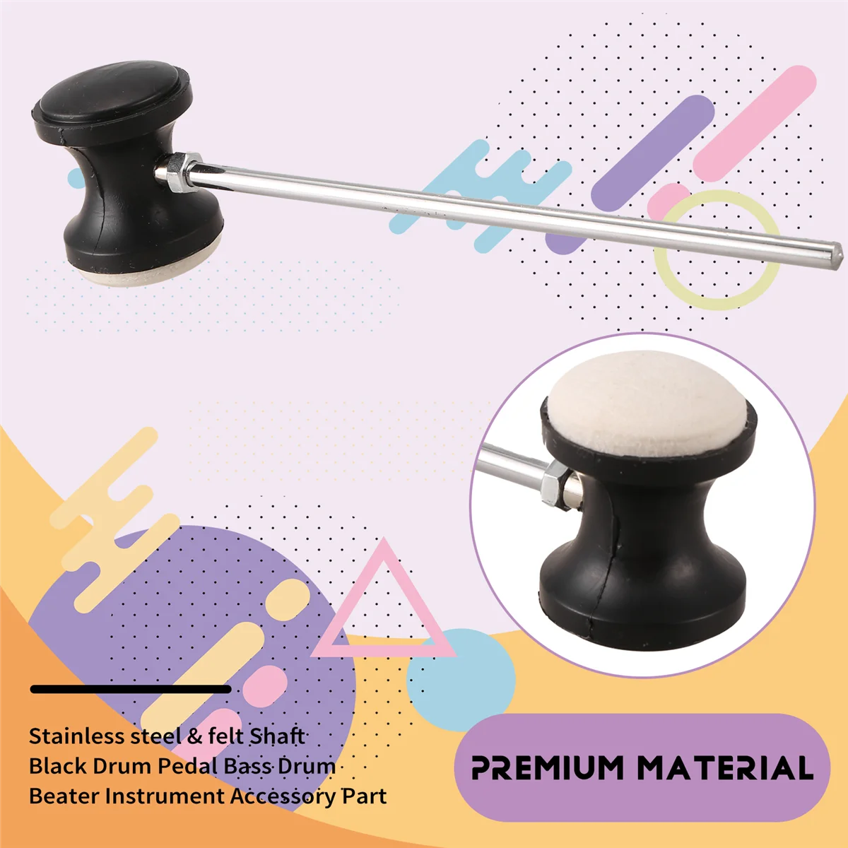 B48B-Stainless steel & felt Shaft Black Drum Pedal Bass Drum Beater Instrument Accessory Part