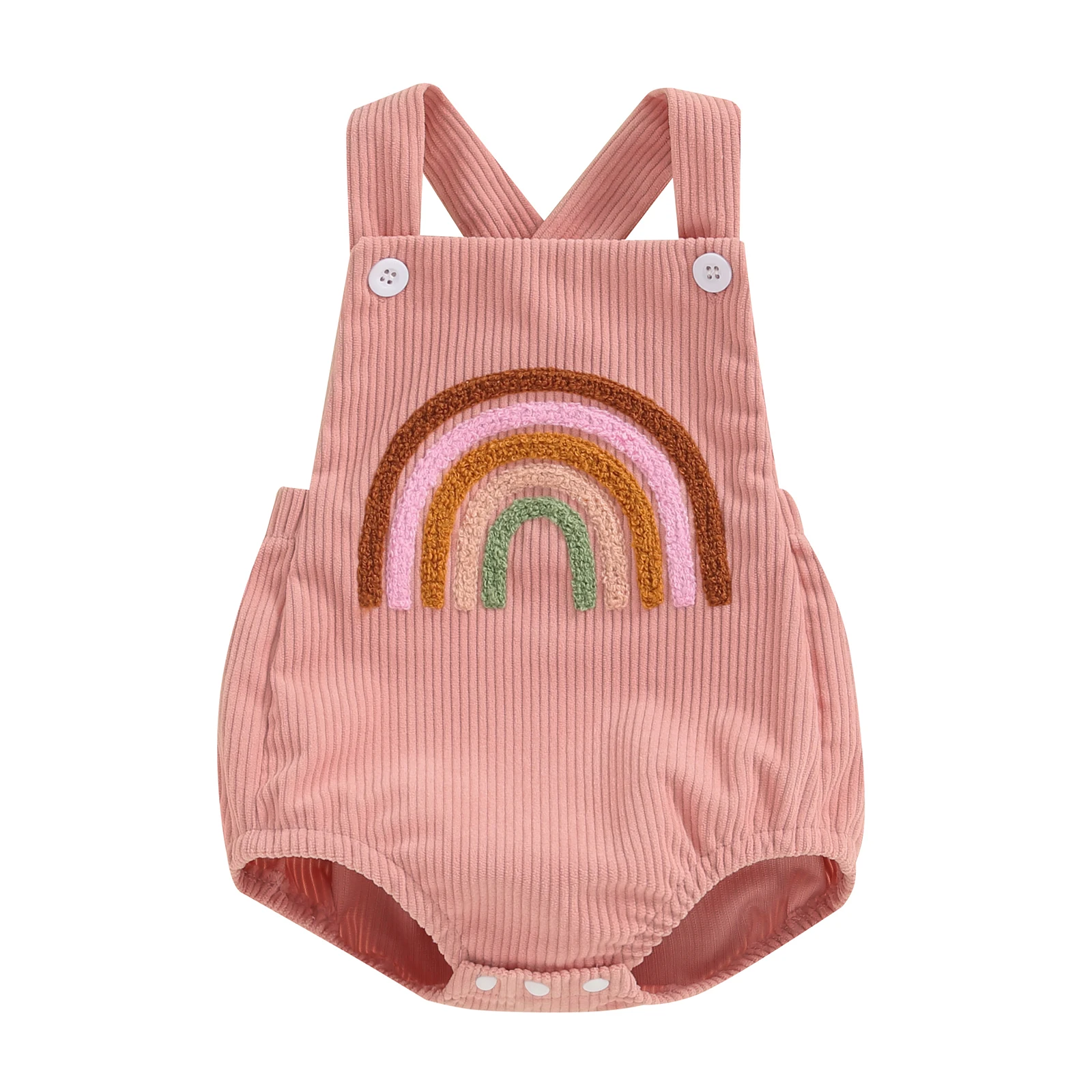 Infant Baby Girl Boy Overalls Rompers Summer Rainbow/Strawberry Embroidery Sleeveless Square Neck Suspender Ribbed Romper 2
