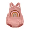 Infant Baby Girl Boy Overalls Rompers Summer Rainbow/Strawberry Embroidery Sleeveless Square Neck Suspender Ribbed Romper 2