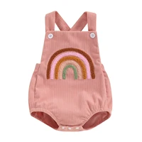 Infant Baby Girl Boy Overalls Rompers Summer Rainbow/Strawberry Embroidery Sleeveless Square Neck Suspender Ribbed Romper 2