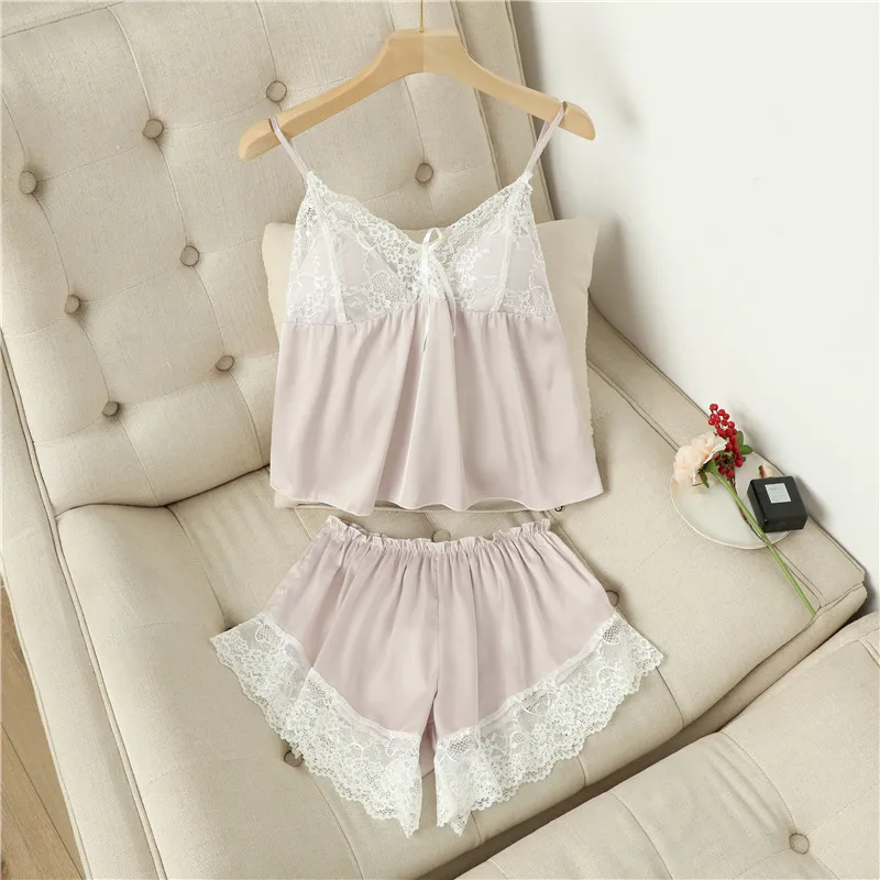 Large Size Pajama Sets Sleepwear Home Suit Spaghetti Strap Lace Sexy Pyjamas Women Loose Cami Top Shorts Pijama Satin Femme 2024