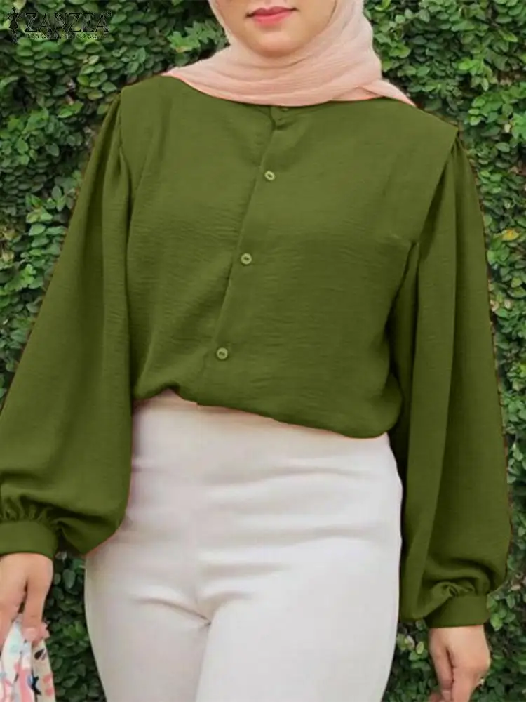 

2023 ZANZEA Fashion Eid Mubarek Muslim Tops Woman Stand Collar Solid Blouse Femme Fashion OL Shirt Casual Turkey Hijab Blusas