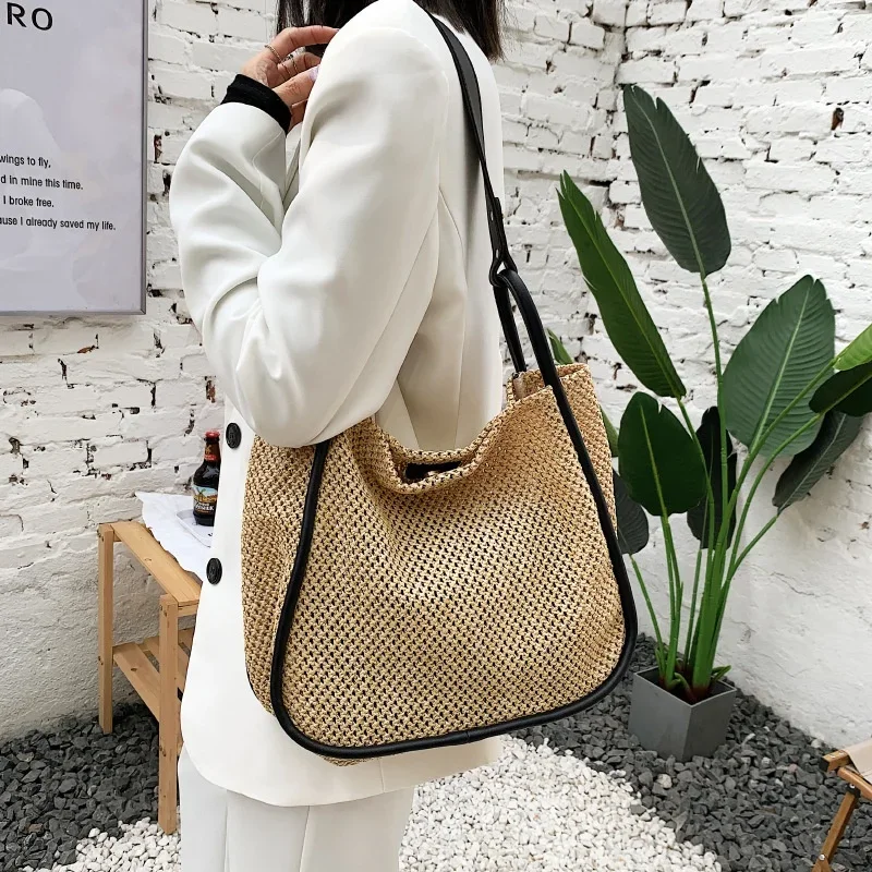 

Large Capacity Hand-held Straw Woven Bag Female New Tote Personality Clash Color Summer Commute Shoulder Braided Bags for Women