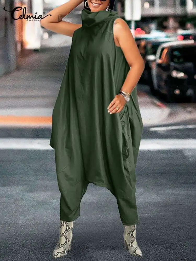 

Celmia Dropped Crotch Women Jumpsuits 2023 Fashion Baggy Harem Pant Sleeveless Overalls Casual Stacking High Collar Long Rompers