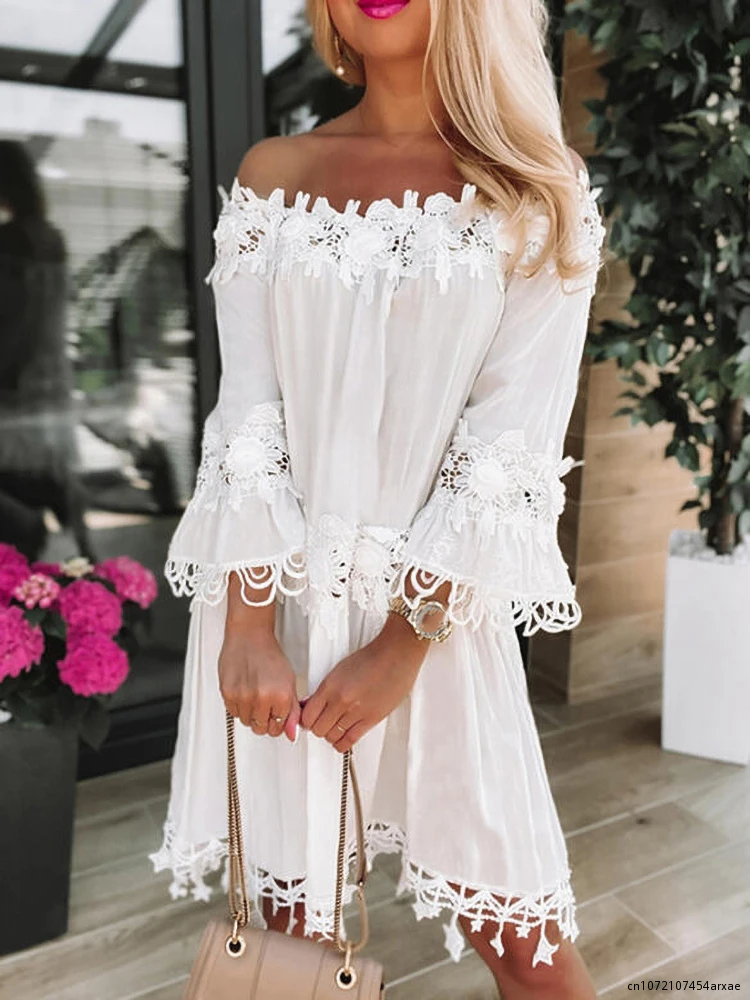 

Summer women's Seven-sleeve Casual Style Polyester Material 2023 New Fashion One-shoulder Lace Dress