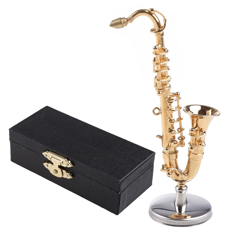 Copper Miniature Saxophone with Base Miniature Dollhouse Model Mini Alto Saxophone Tenor Home Decoration