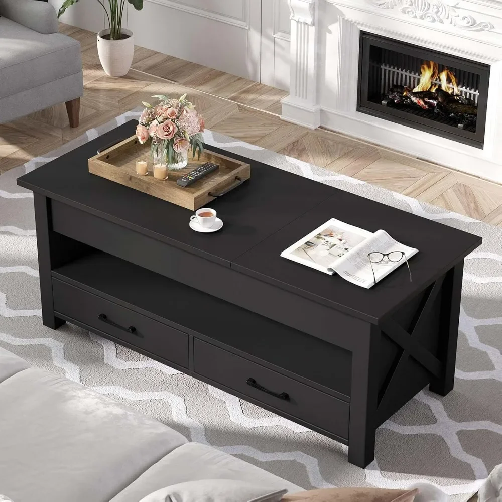 47.2-inch pop-up coffee table with 2 storage drawers and hidden compartments, vintage center table