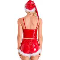 Womens Mrs Santa Claus Christmas Costume Fancy Cosplay Outfit Feather Trim V Neck Sleeveless Crop Top Low Rise Booty Shorts Hat 3