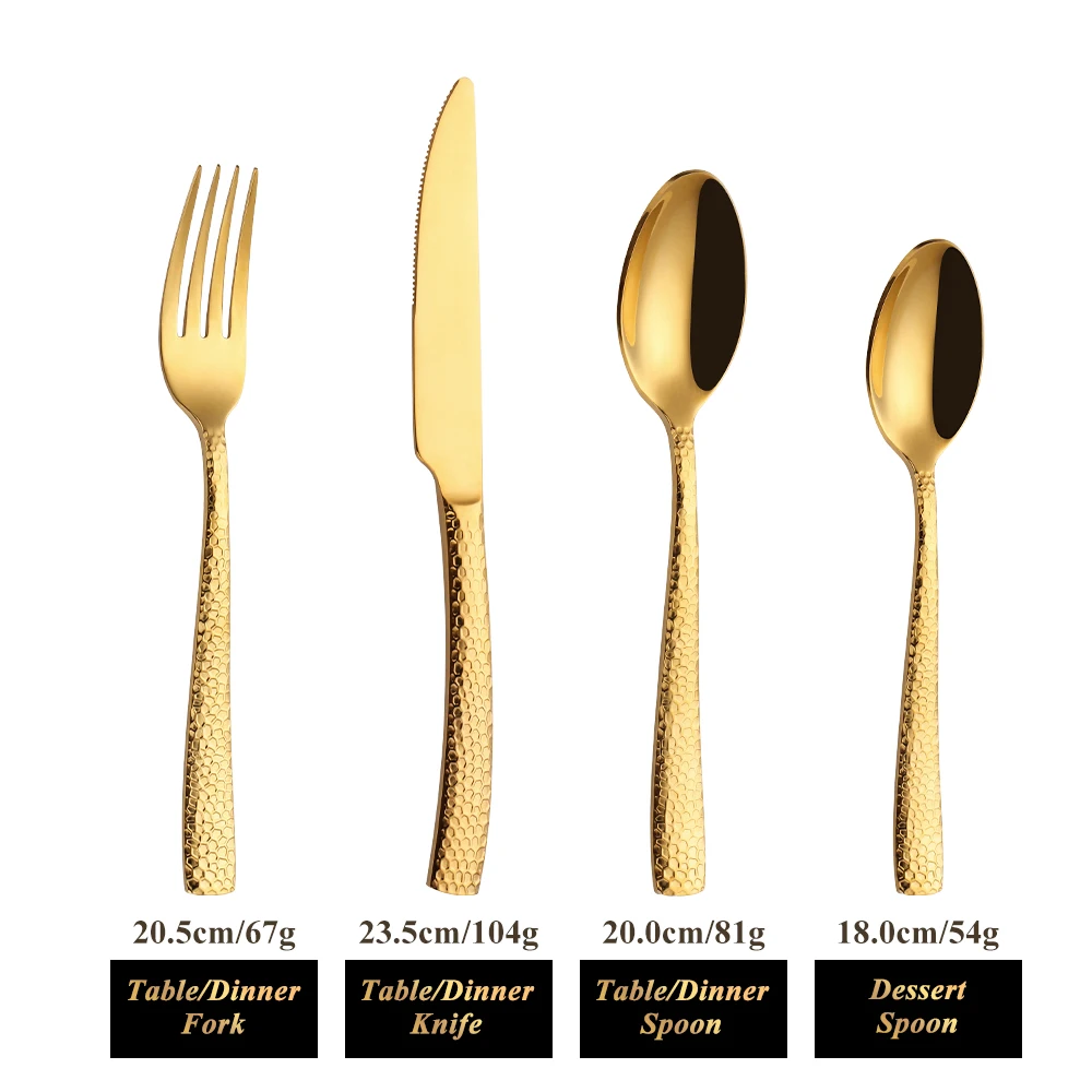 4 8 12 Pieces Stainless Steel Cutlery Set Gold Cutlery Set with Hammered Handle Mirror Polishedd Party Home Gift Service 1/2/3 stainless steel spoon stainless steel fork