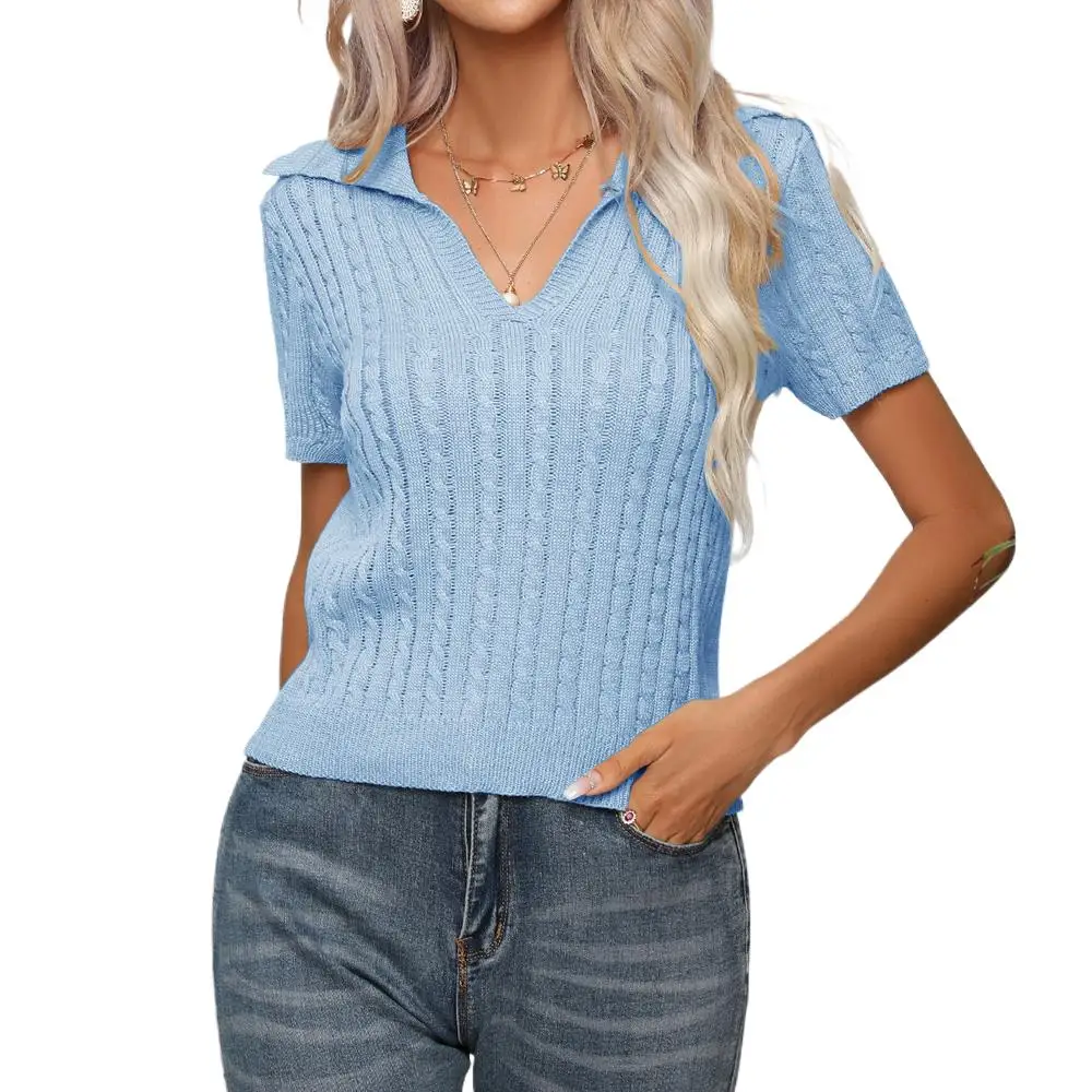 Women Short Sleeve Twist Knitted Loose Tshirt Tops