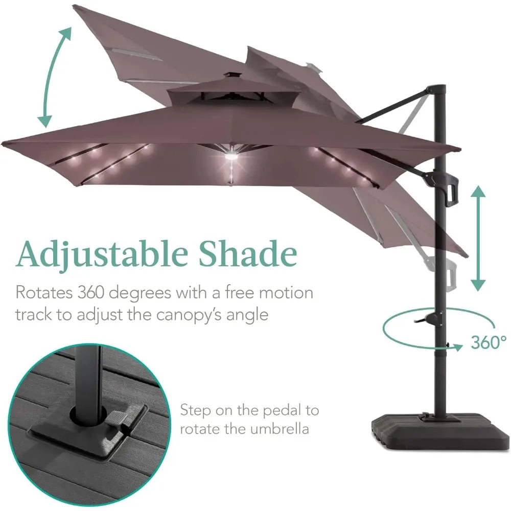 10x10ft 2-Tier Square Cantilever Patio Umbrella with Solar LED Lights, Offset Hanging Outdoor Sun Shade 4