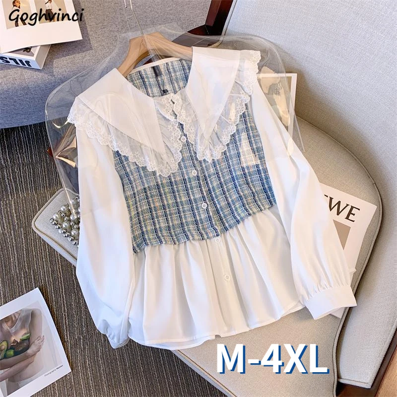 

Peter Pan Collar Shirts Women Patchwork Fashion Loose Sweet Korean Style Female Autumn New Casual All-match Age-reducing Elegant