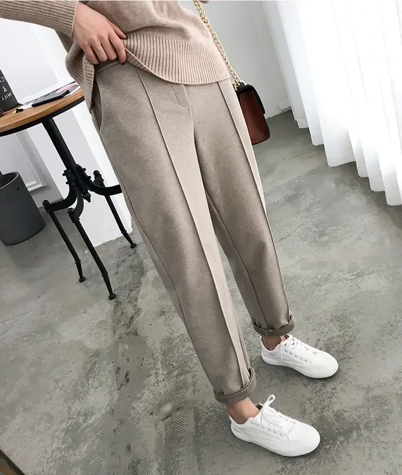 2024 Thicken Women Pencil Pants Autumn Winter Trousers OL Style Wool Female Work Suit Pant Loose Female Trousers Capris S-3XL