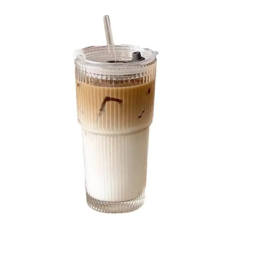 Striped Glass Coffee Cup with Lid and Straw – Clear Glass Drinkware for Coffee, Tea & Water 4
