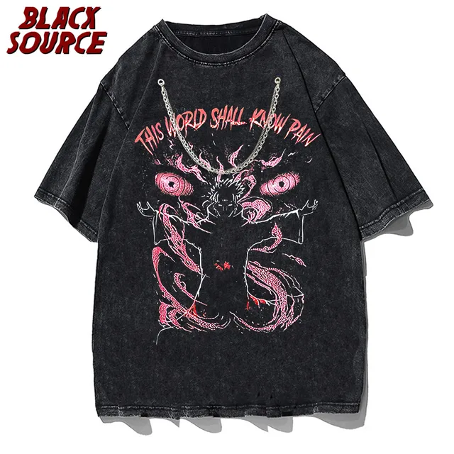 black source Anime Pain Printed T Shirt Men Retro Washed 100% Cotton Tops Tees Harajuku Tshirt Streetwear Hip Hop Male T-shirts 1