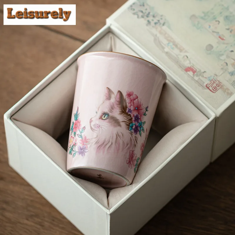 270ml Pink Ru Kiln Flower Cat Cola Mug Mocha Cups Master Mug Bubble Teacup Cold Hot Water Jug Household Tea Items Ornaments Gift