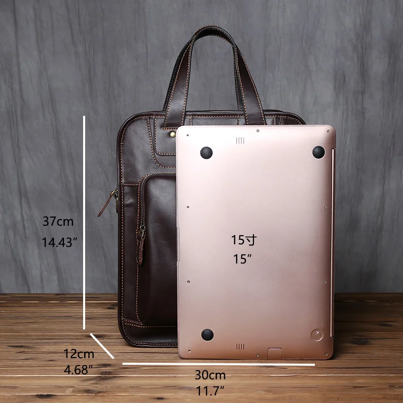 NZPJ Retro Leather Men's Briefcase Natural Cowhide Vertical Handbag Casual Shoulder Bag 15-Inch Laptop Compatible Men's Backpack