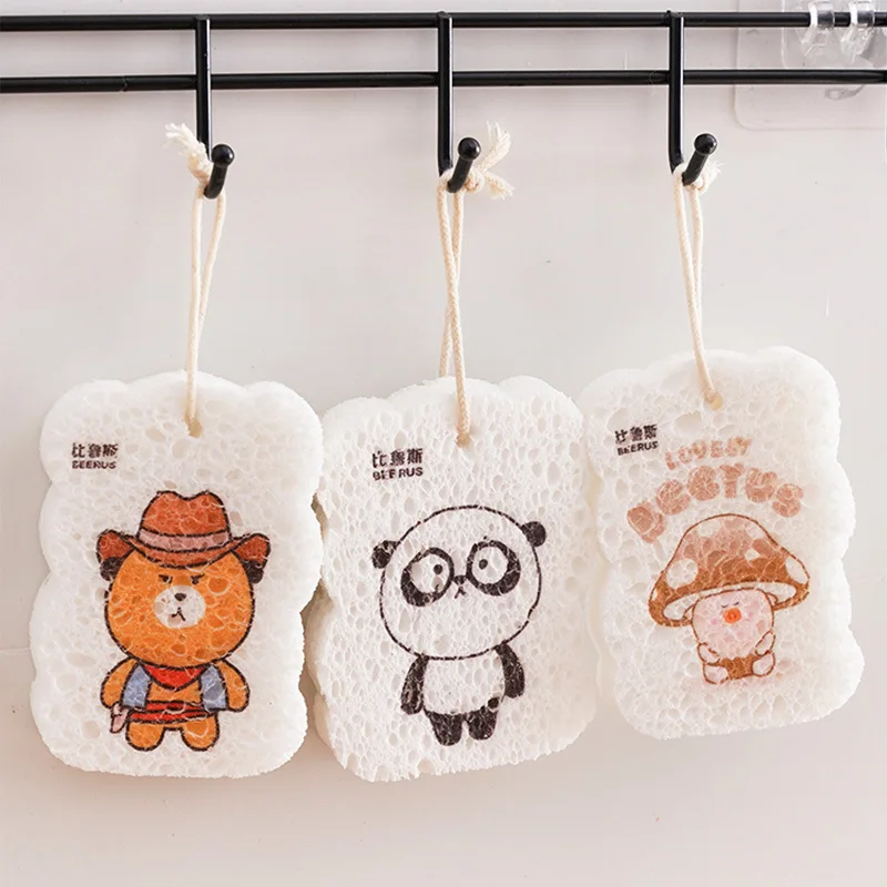 Compressed Wood Pulp Sponge Cartoon Oil Remove Dish Cloths Dishwashing Sponge Wipes Cleaning Tools For Kitchen