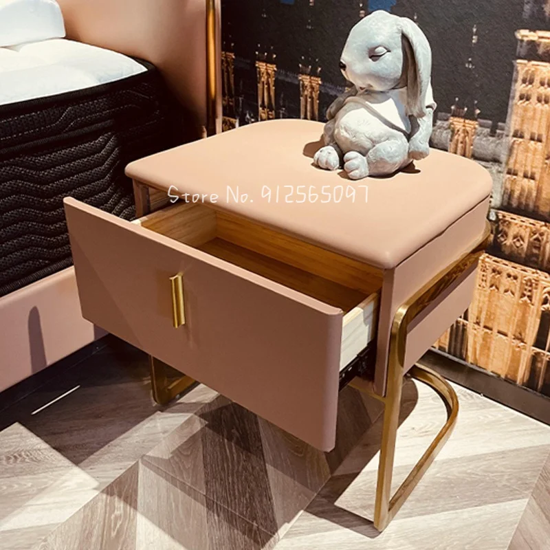

Light Luxury Solid Wood Bedside Cabinet Modern Minimalist Leather Surface Gilded Metal Bedroom Bedside Cabinet Storage Cabinet