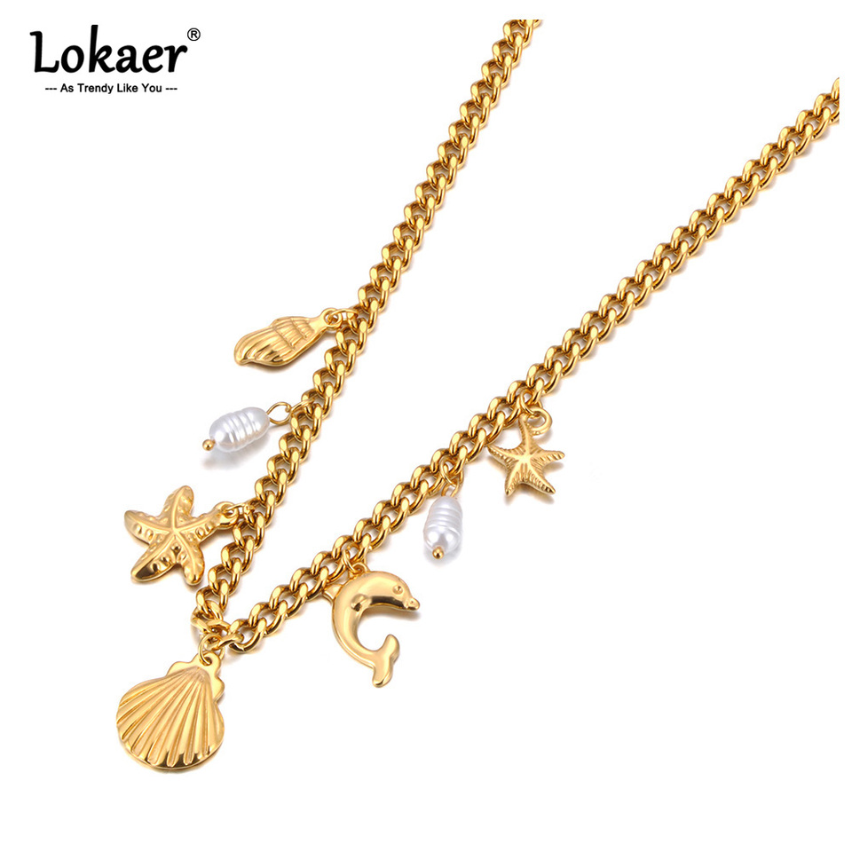 Lokaer Trendy Stainless Steel Shell Starfish Pearl Charm Necklace for Women 18K Gold Plated Party Jewelry Ожерелье tiki N24087