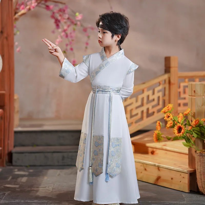 

Vintage Boy Folk Dance Children Costumes Kids White Print Hanfu Traditional Chinese Style Oriental Kids Tang Suit